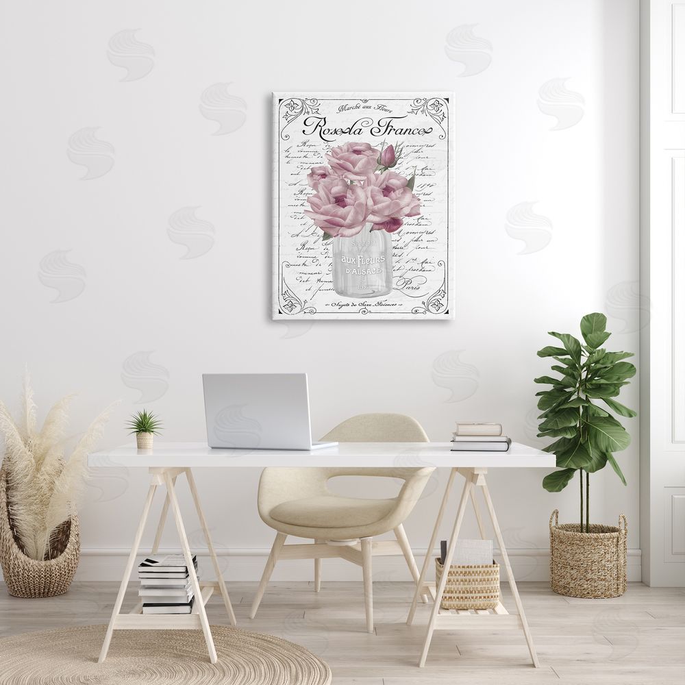 Lettered and Lined Pink Roses Bouquet French Words Fancy Script  Canvas Wall Art Print in Room
