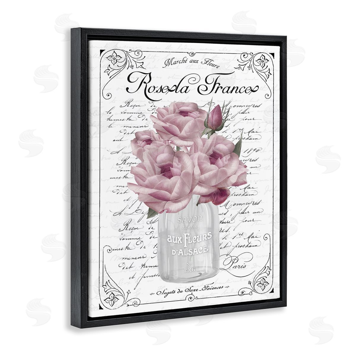 Lettered and Lined Pink Roses Bouquet French Words Fancy Script  Black Floating Frame Canvas Wall Art Print