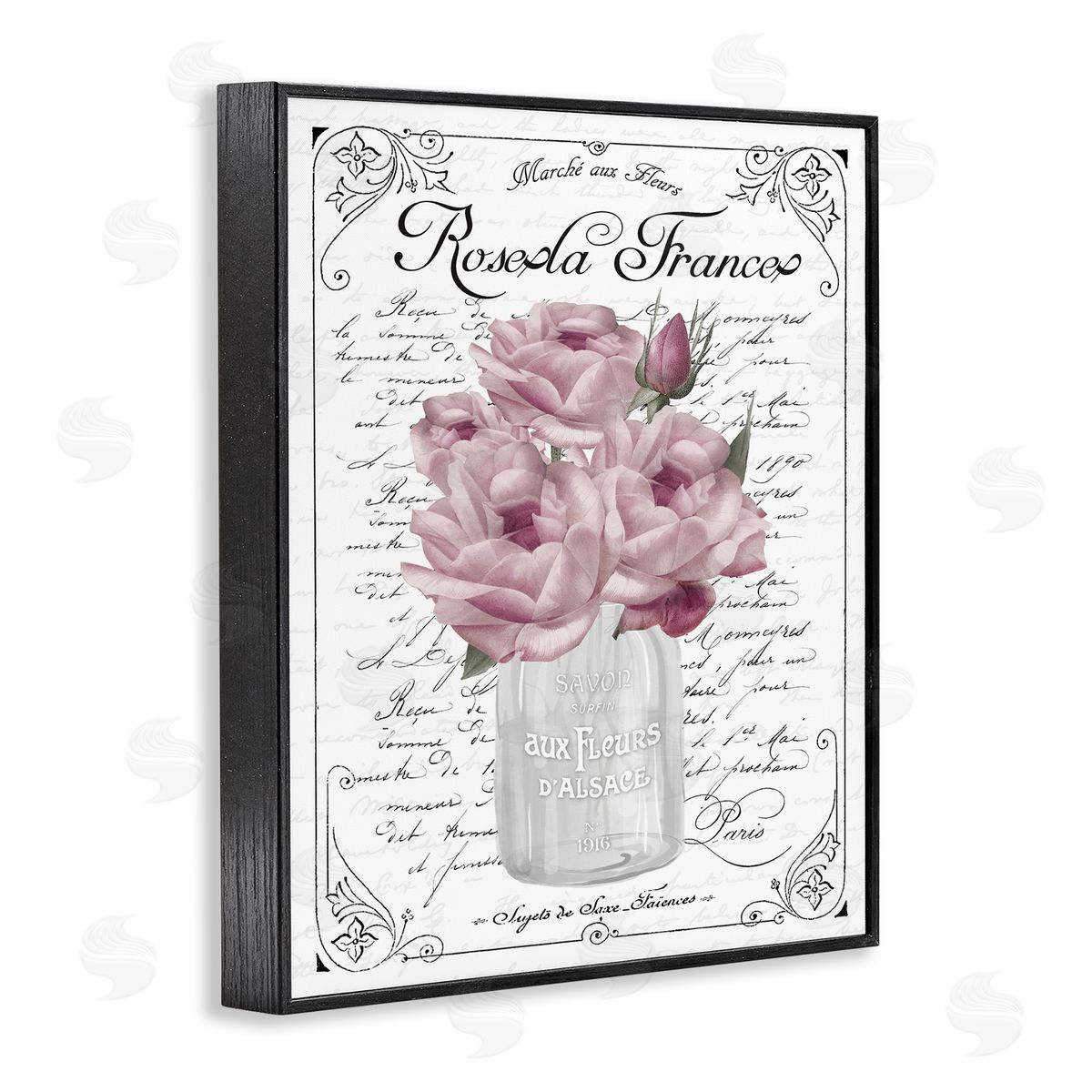Lettered and Lined Pink Roses Bouquet French Words Fancy Script  Black Framed Giclee Wall Art Print