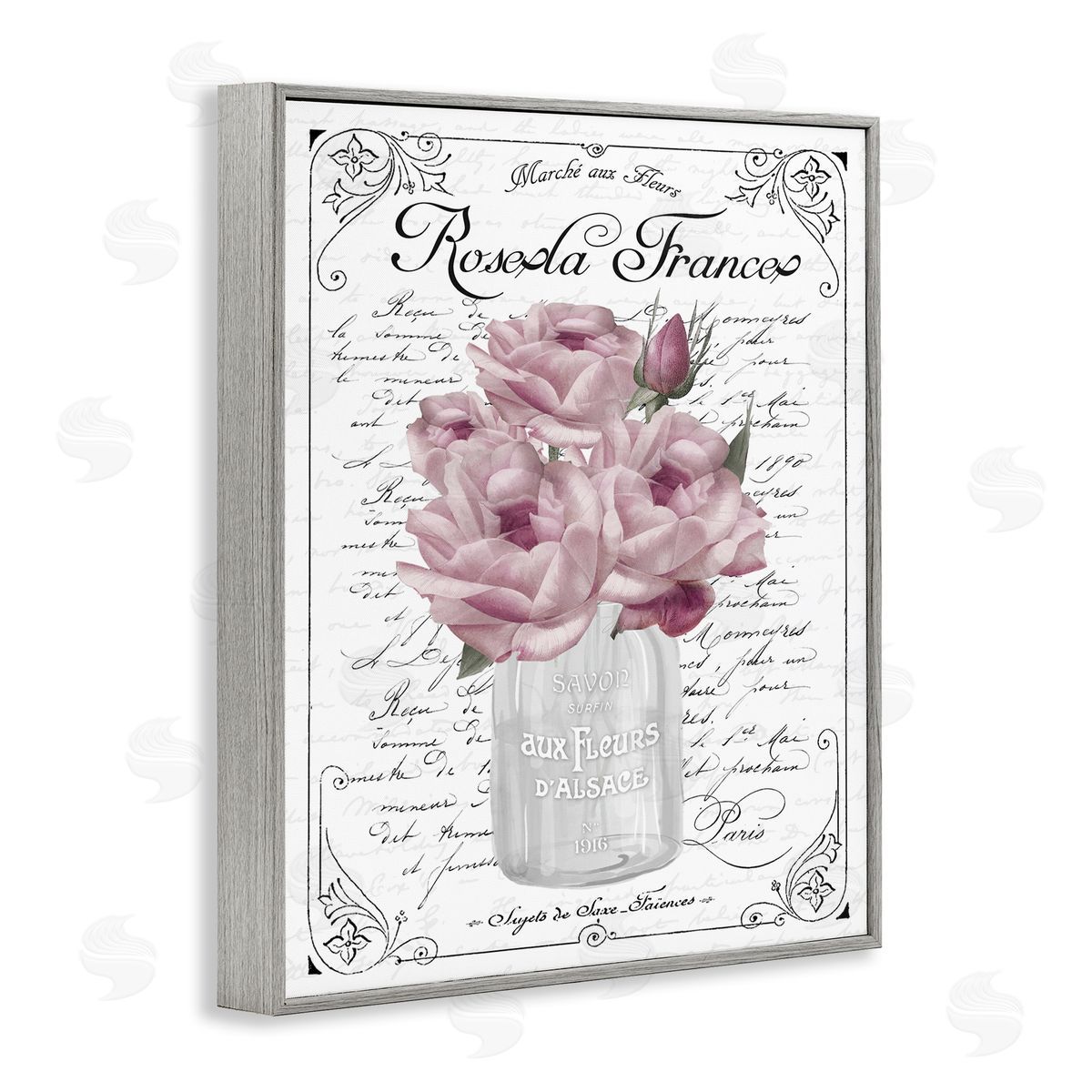 Lettered and Lined Pink Roses Bouquet French Words Fancy Script  Gray Framed Giclee Wall Art Print