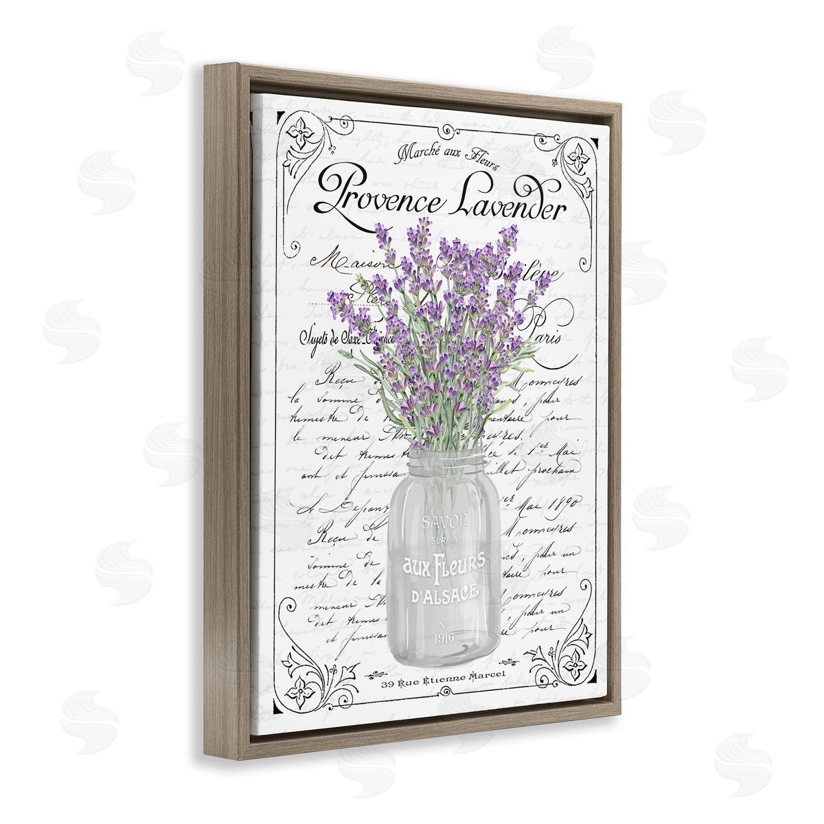 Lavender Ornate French Script Brown Floating Frame Canvas Wall Art, Home Decor by Lettered and Lined