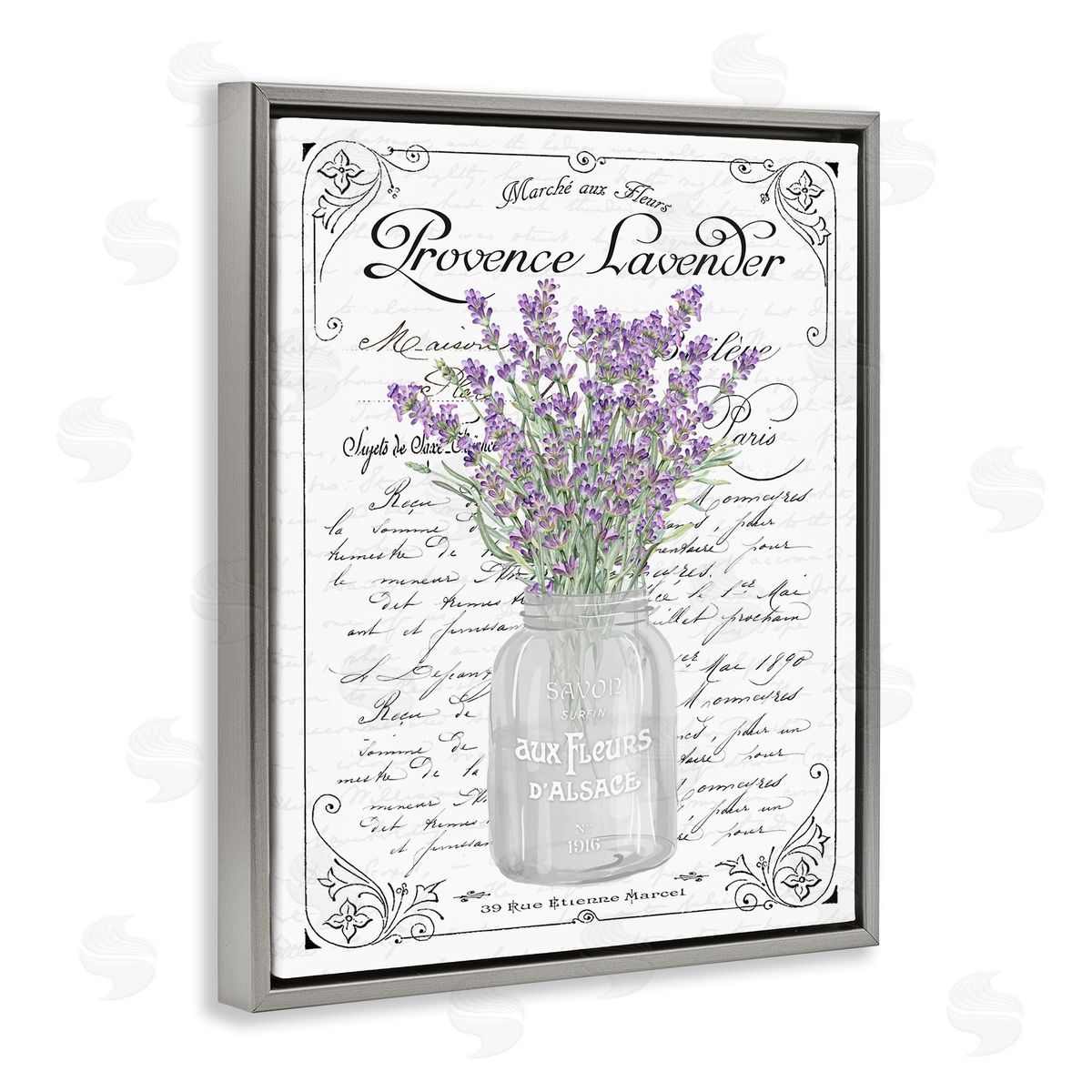 Lavender Ornate French Script Grey Floating Frame Canvas Wall Art, Home Decor by Lettered and Lined