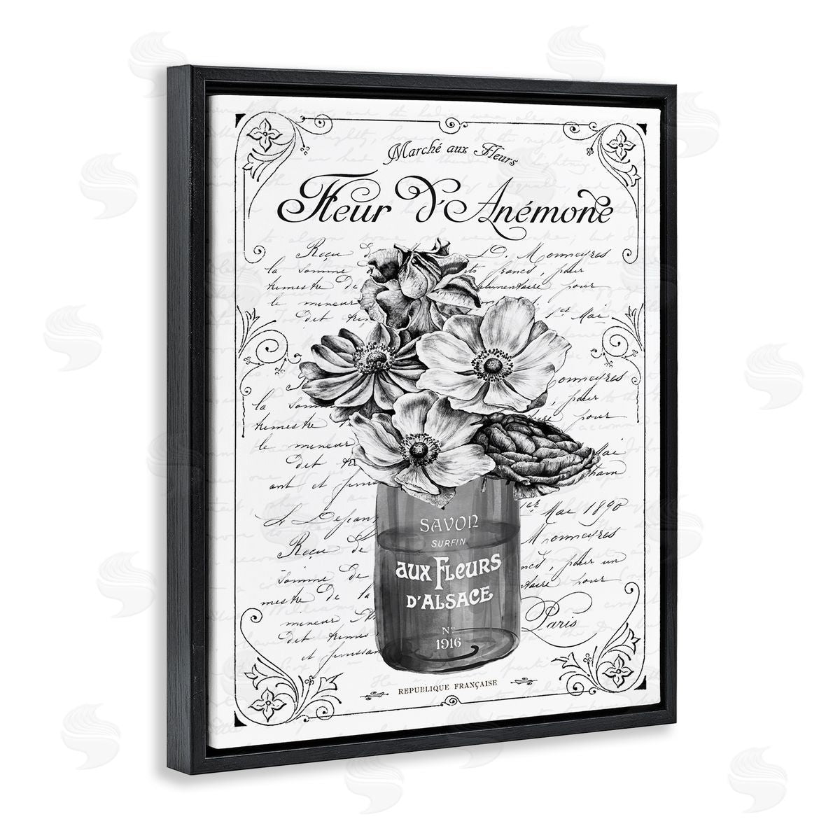 Lettered and Lined Anemone Flower French Text Fancy Floral Black Floating Frame Canvas Wall Art Print