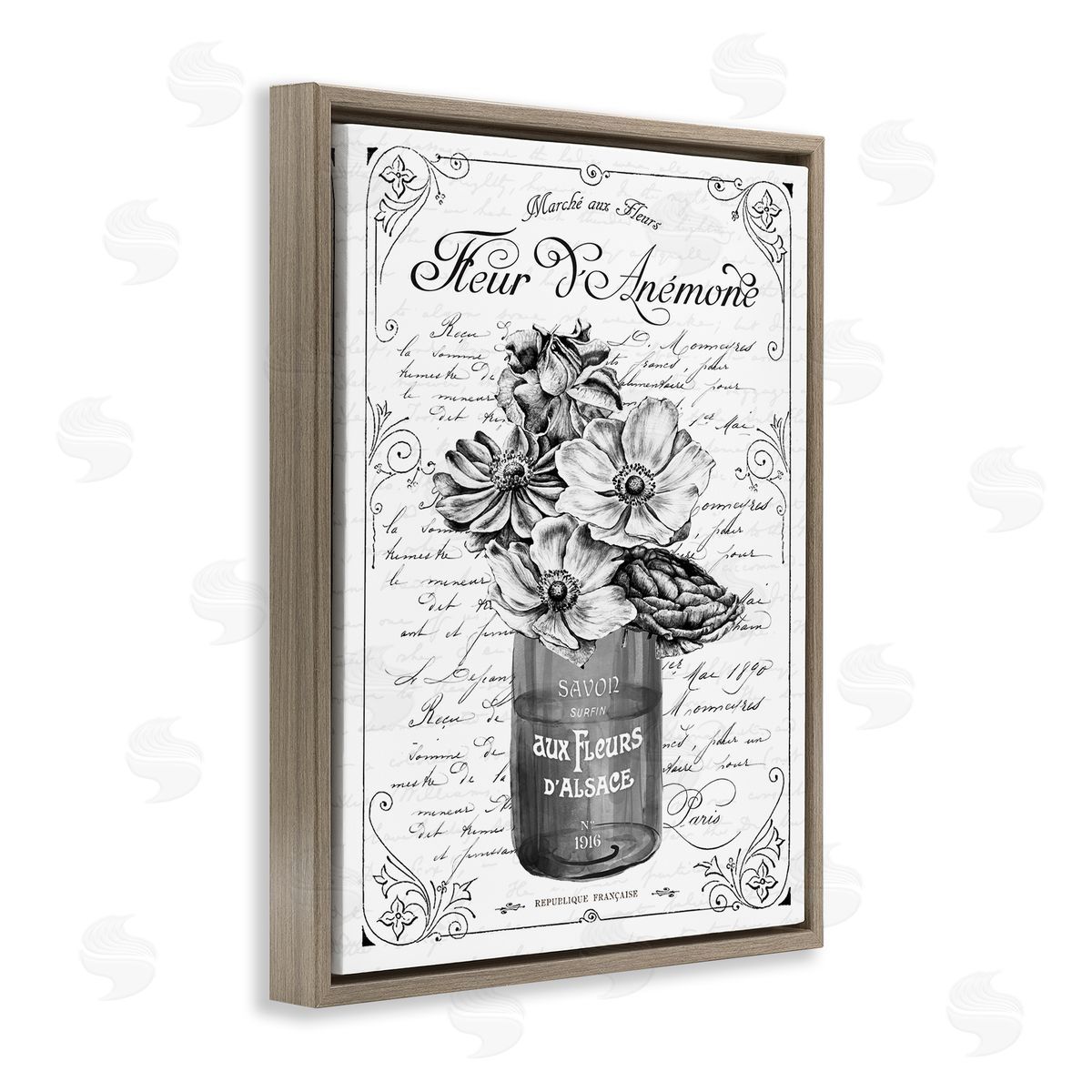 Lettered and Lined Anemone Flower French Text Fancy Floral Brown Floating Frame Canvas Wall Art Print