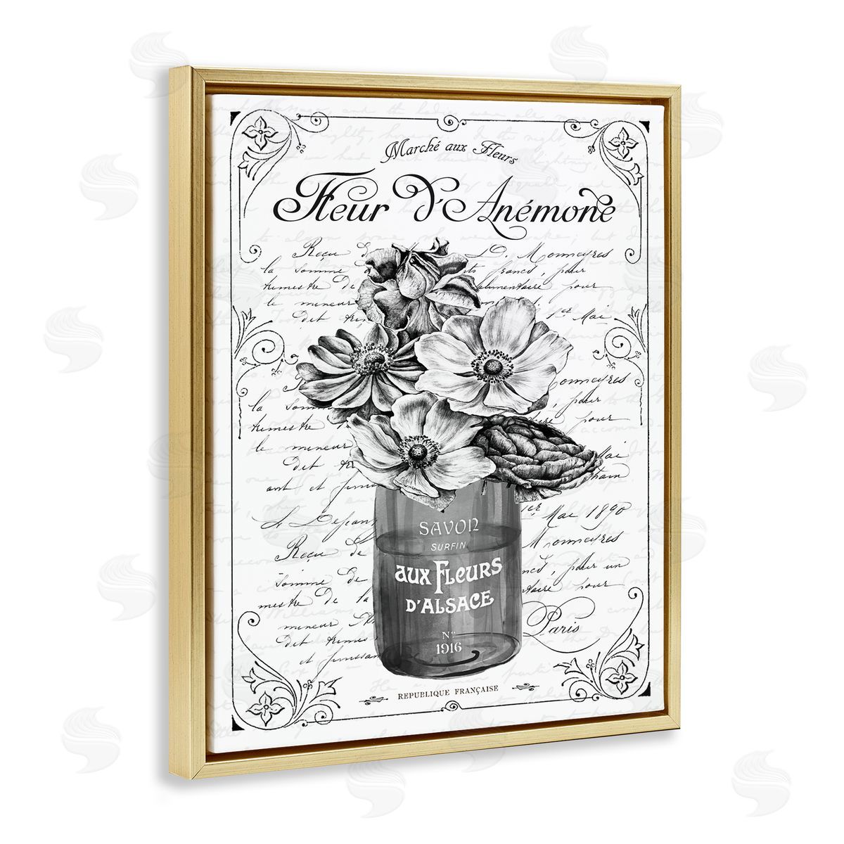 Lettered and Lined Anemone Flower French Text Fancy Floral Gold Floating Frame Canvas Wall Art Print