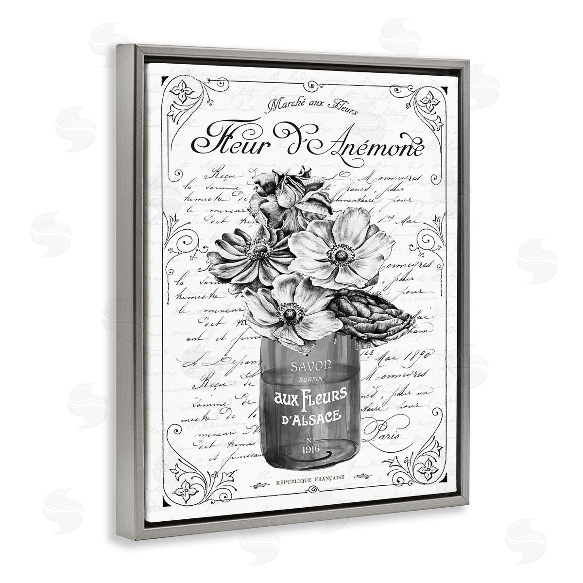 Lettered and Lined Anemone Flower French Text Fancy Floral Gray Floating Frame Canvas Wall Art Print