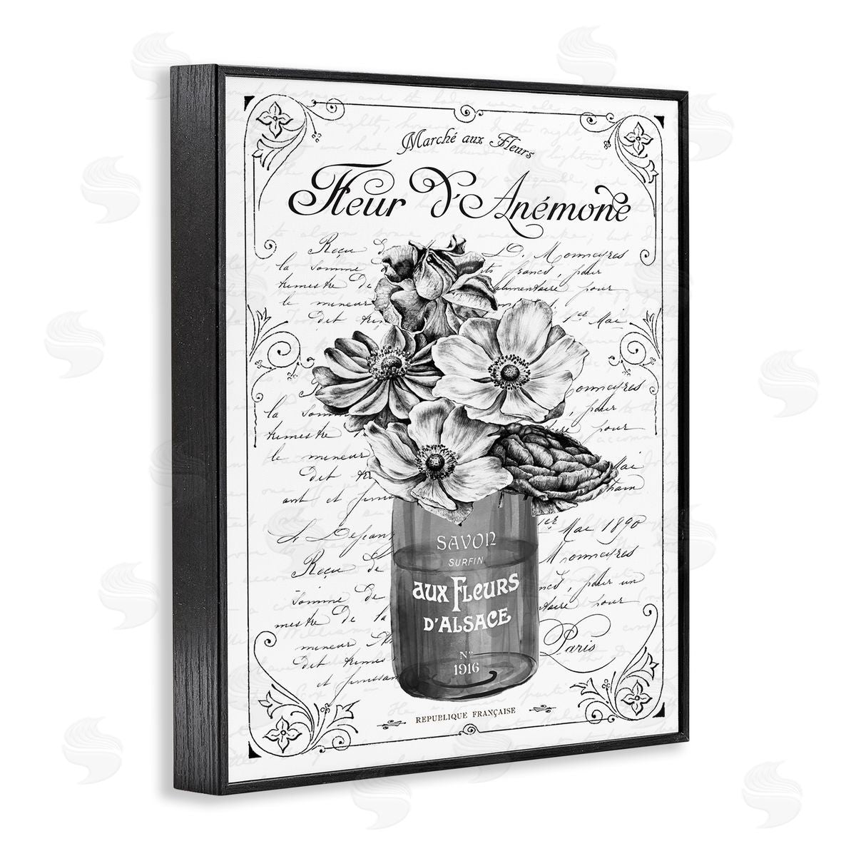 Lettered and Lined Anemone Flower French Text Fancy Floral Black Framed Giclee Wall Art Print