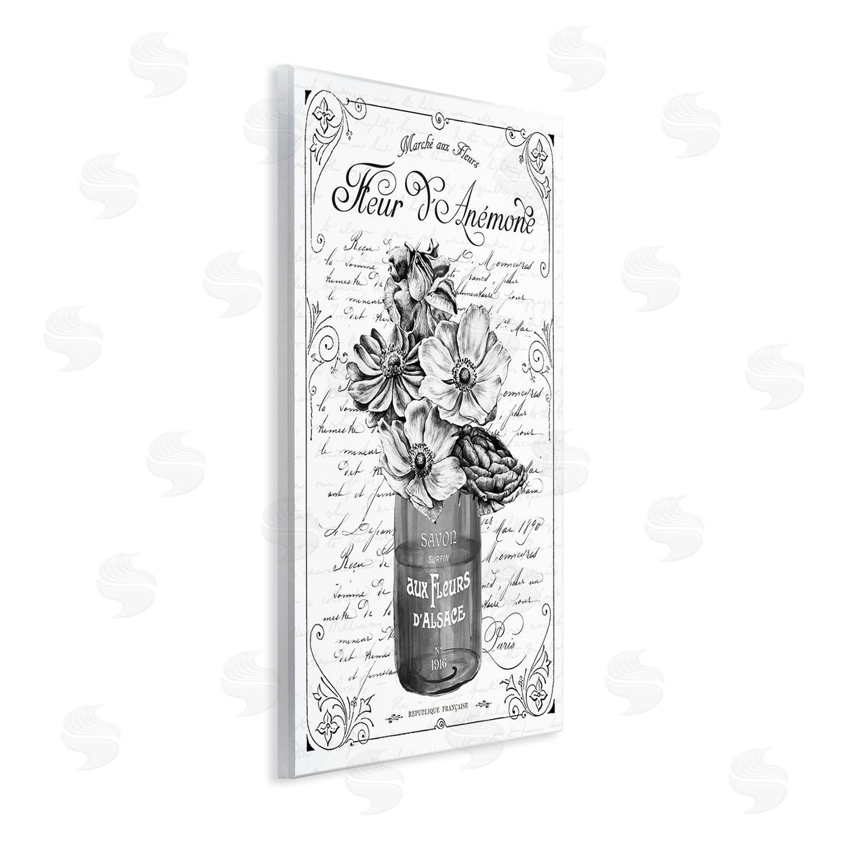 Lettered and Lined Anemone Flower French Text Fancy Floral Wall Plaque Art Print