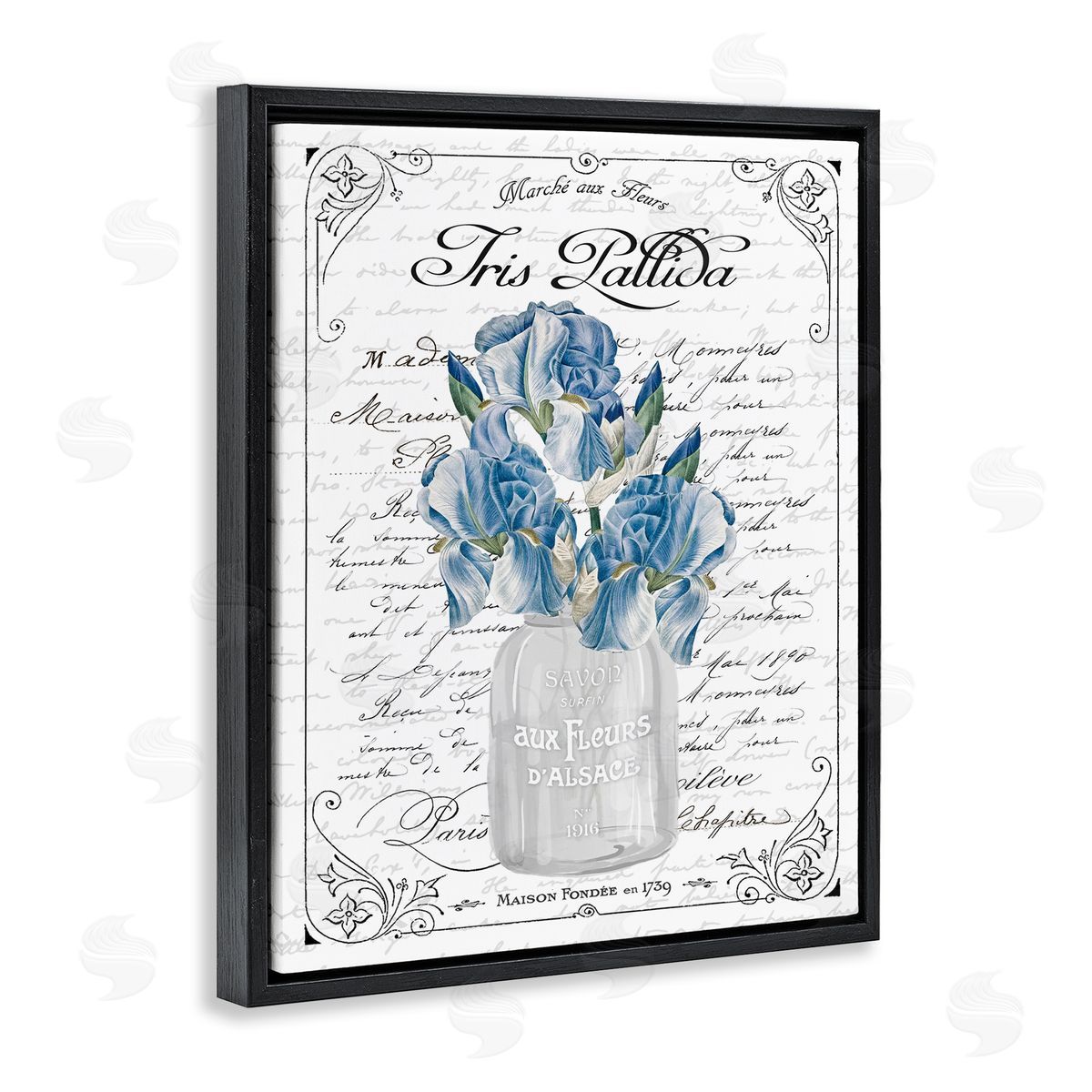 Lettered and Lined Delicate Iris Flower Bouquet Ornate French Script Black Floating Frame Canvas Wall Art Print