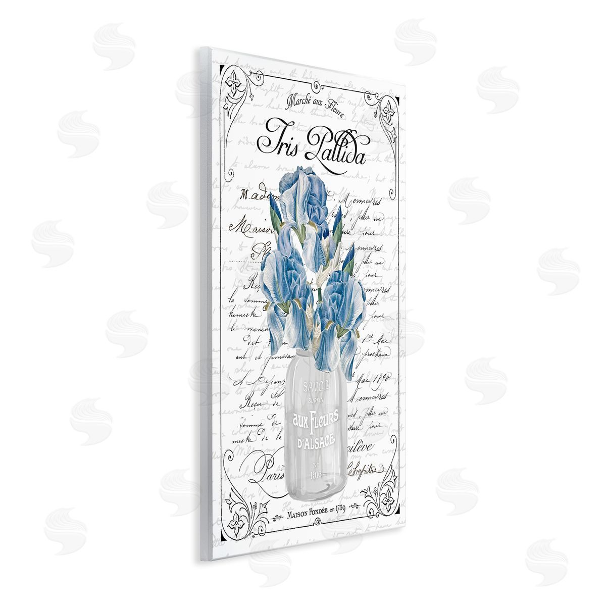 Lettered and Lined Delicate Iris Flower Bouquet Ornate French Script Wall Plaque Art Print