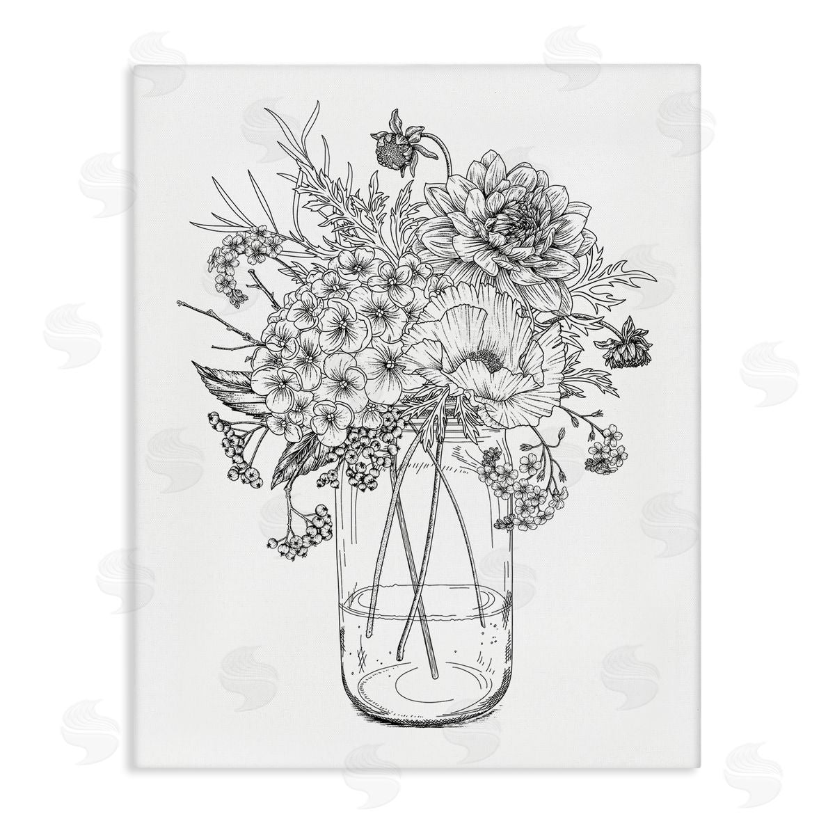 Lettered and Lined Detailed Varied Flower Bouquet Blossoming Wildflower Blooms Stretched Canvas Wall Art Print
