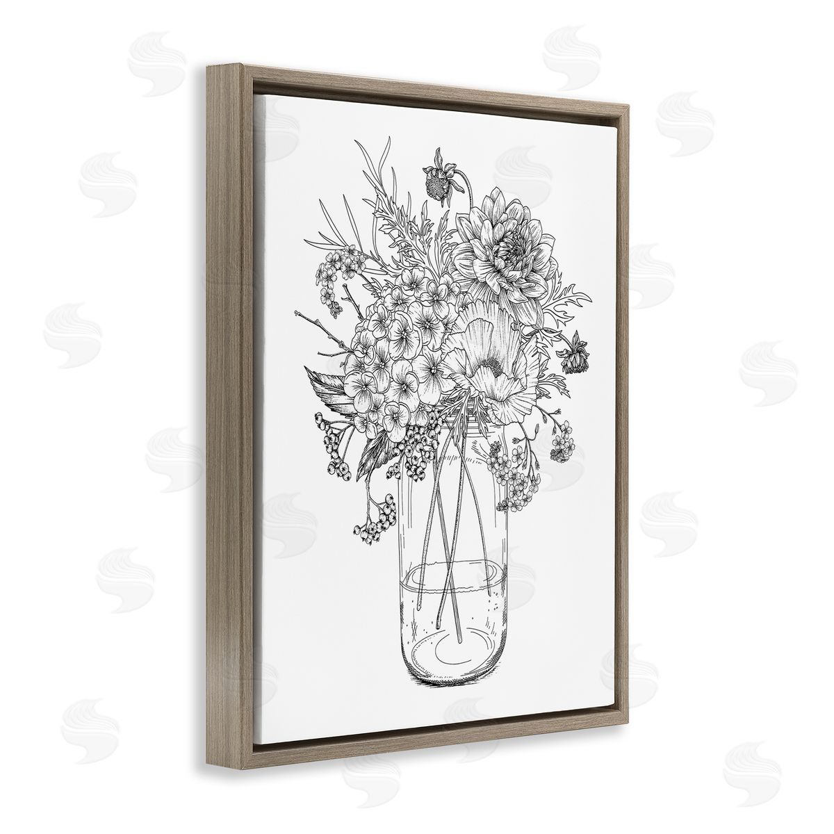 Lettered and Lined Detailed Varied Flower Bouquet Blossoming Wildflower Blooms Brown Floating Frame Canvas Wall Art Print