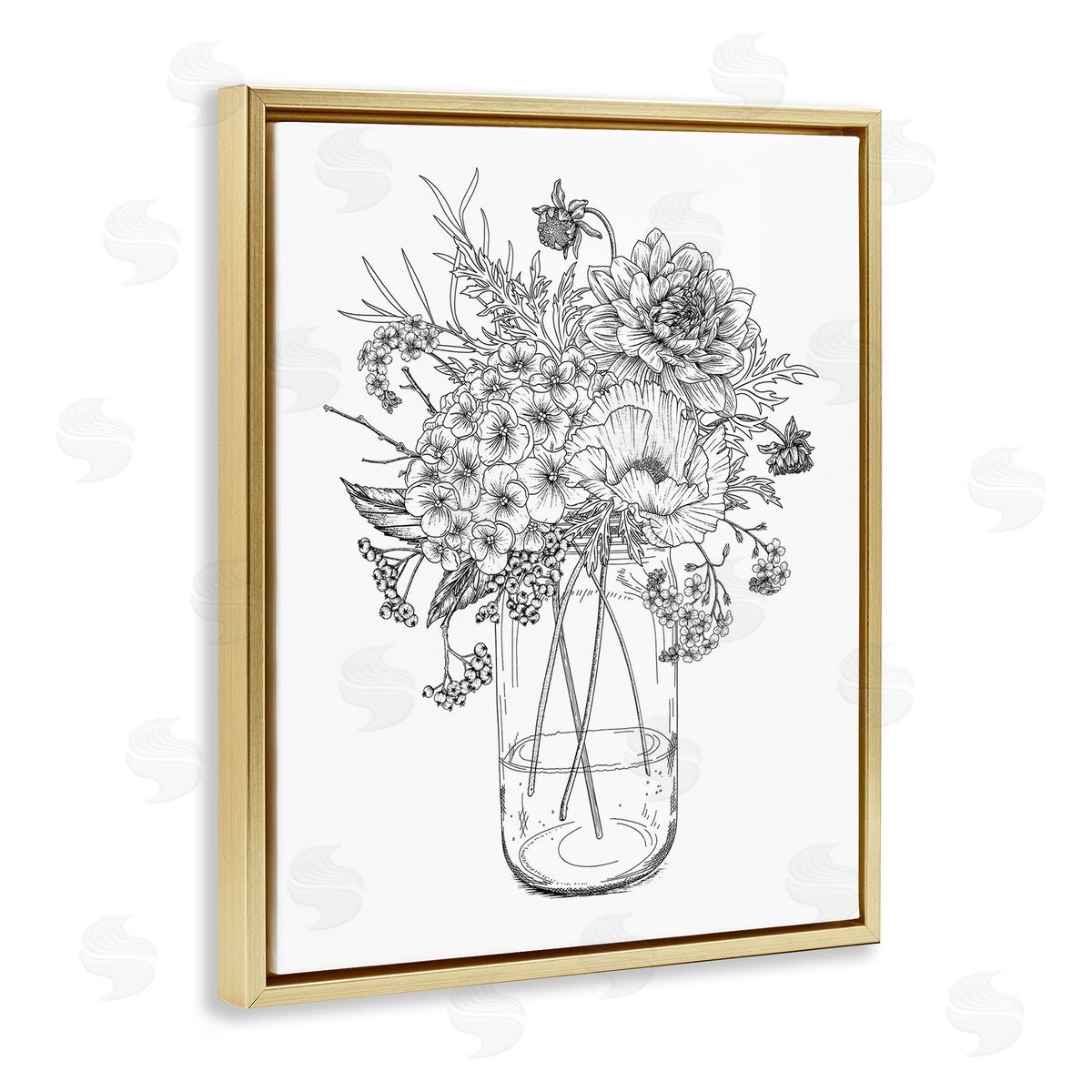 Lettered and Lined Detailed Varied Flower Bouquet Blossoming Wildflower Blooms Gold Floating Frame Canvas Wall Art Print