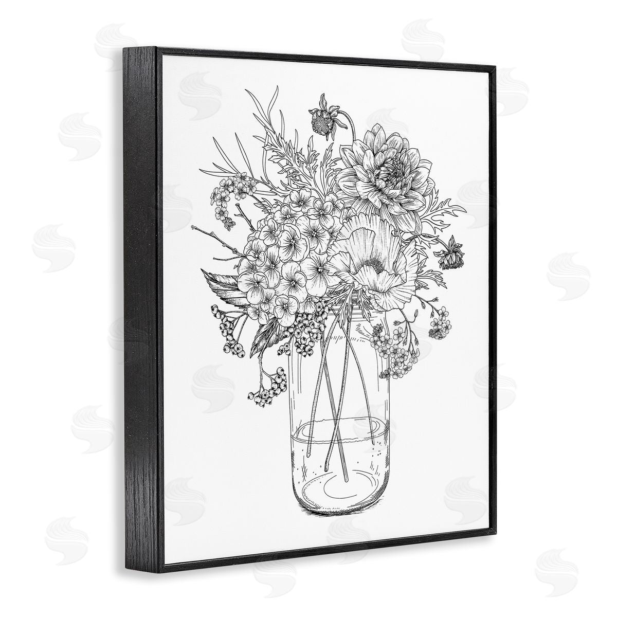 Lettered and Lined Detailed Varied Flower Bouquet Blossoming Wildflower Blooms Black Framed Giclee Wall Art Print