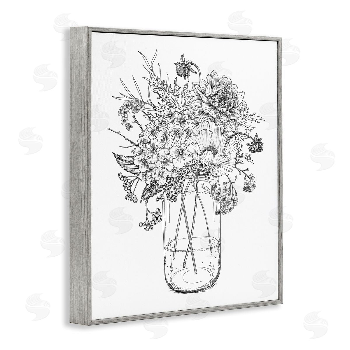 Lettered and Lined Detailed Varied Flower Bouquet Blossoming Wildflower Blooms Gray Framed Giclee Wall Art Print
