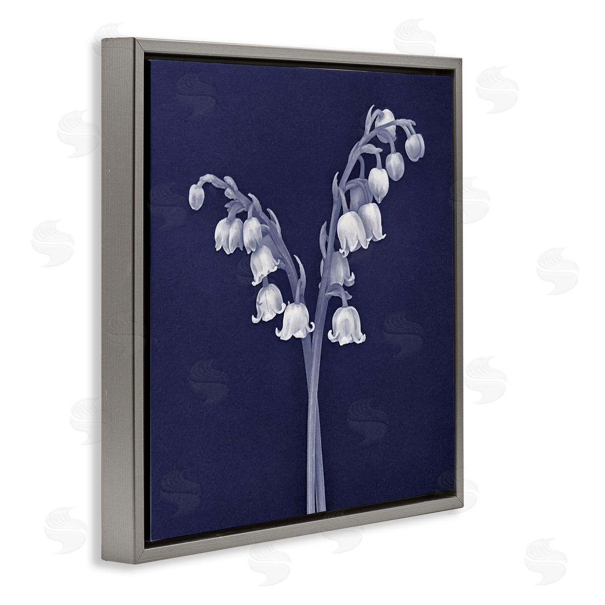 Graffitee Studios Lily of Valley White Drooping Blooms Illustration Gray Floating Frame Canvas Wall Art Print