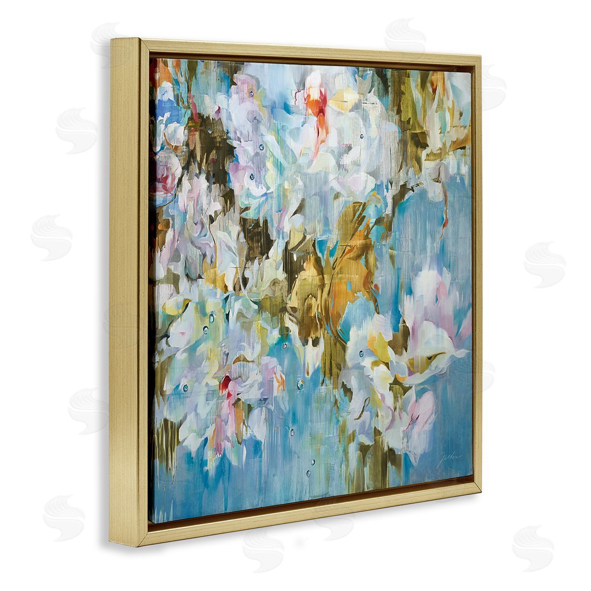 Liz Jardine Abstract Flower Blossoms Branches Nature White Petals  Gold Floating Frame Canvas Wall Art Print