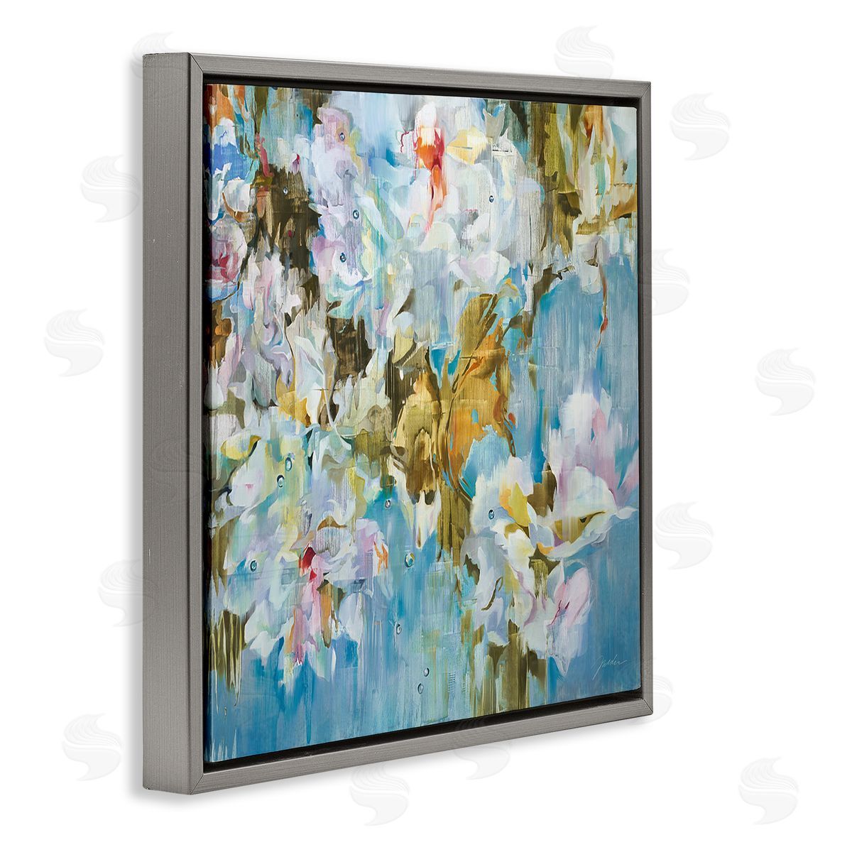 Liz Jardine Abstract Flower Blossoms Branches Nature White Petals  Gray Floating Frame Canvas Wall Art Print