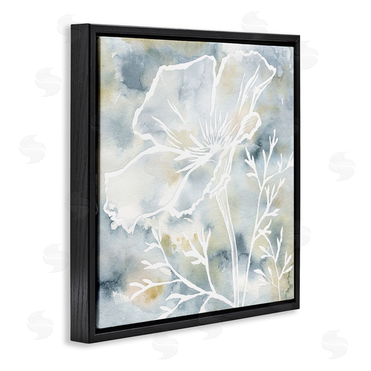 Jackie Decker Flower Blossom Petals White Outline Watercolor Detail Black Floating Frame Canvas Wall Art Print
