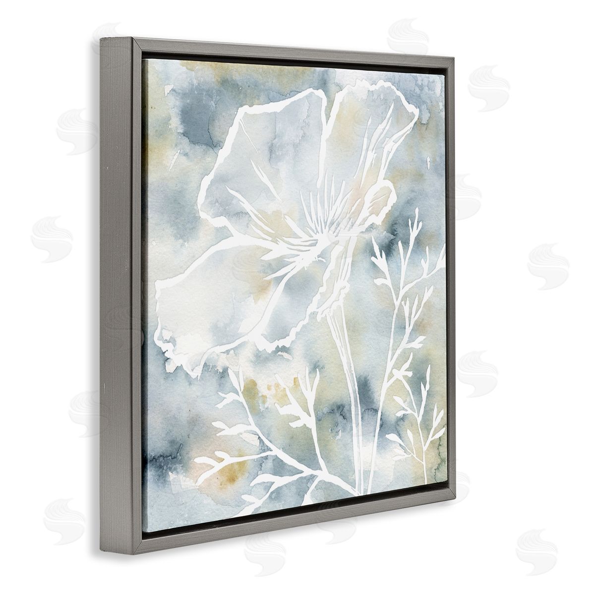 Jackie Decker Flower Blossom Petals White Outline Watercolor Detail Gray Floating Frame Canvas Wall Art Print