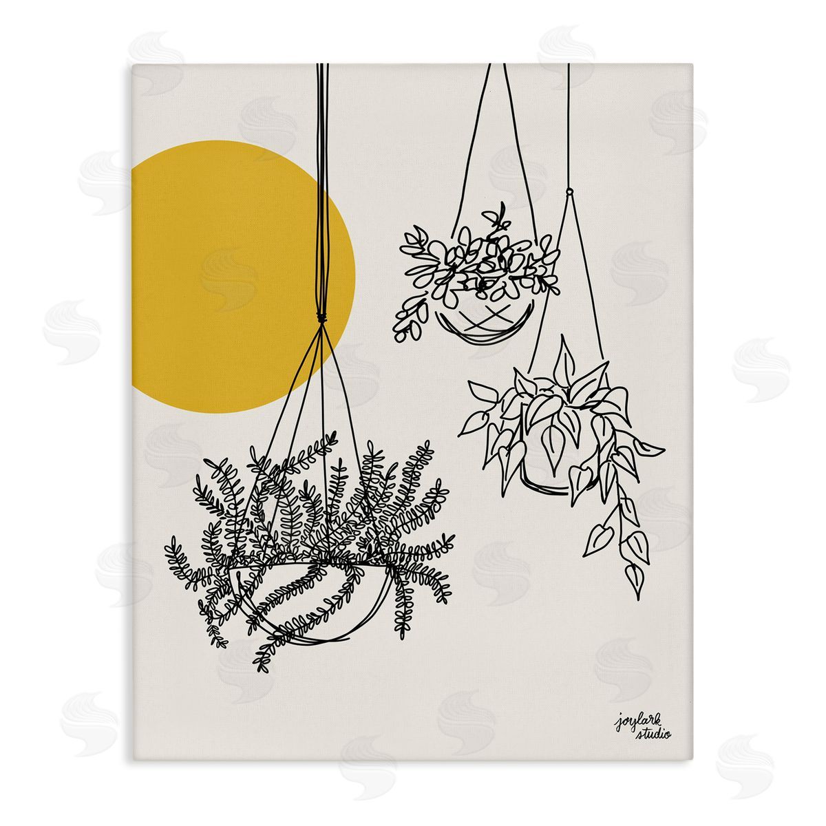 Jess Baskin Hanging Potted Plant Minimal Yellow Sun Lines  Stretched Canvas Wall Art Print
