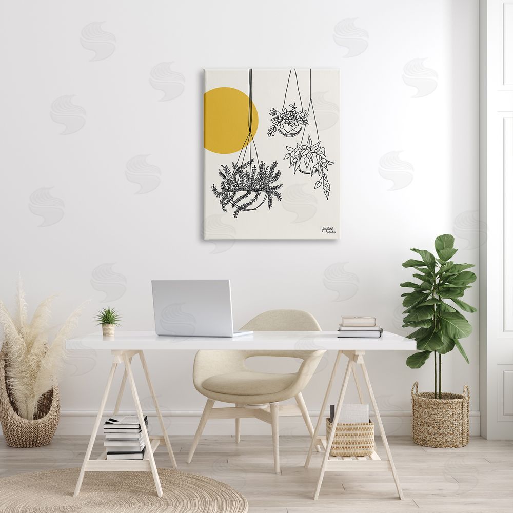Jess Baskin Hanging Potted Plant Minimal Yellow Sun Lines  Canvas Wall Art Print in Room