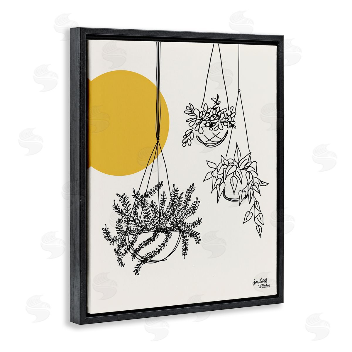 Jess Baskin Hanging Potted Plant Minimal Yellow Sun Lines  Black Floating Frame Canvas Wall Art Print