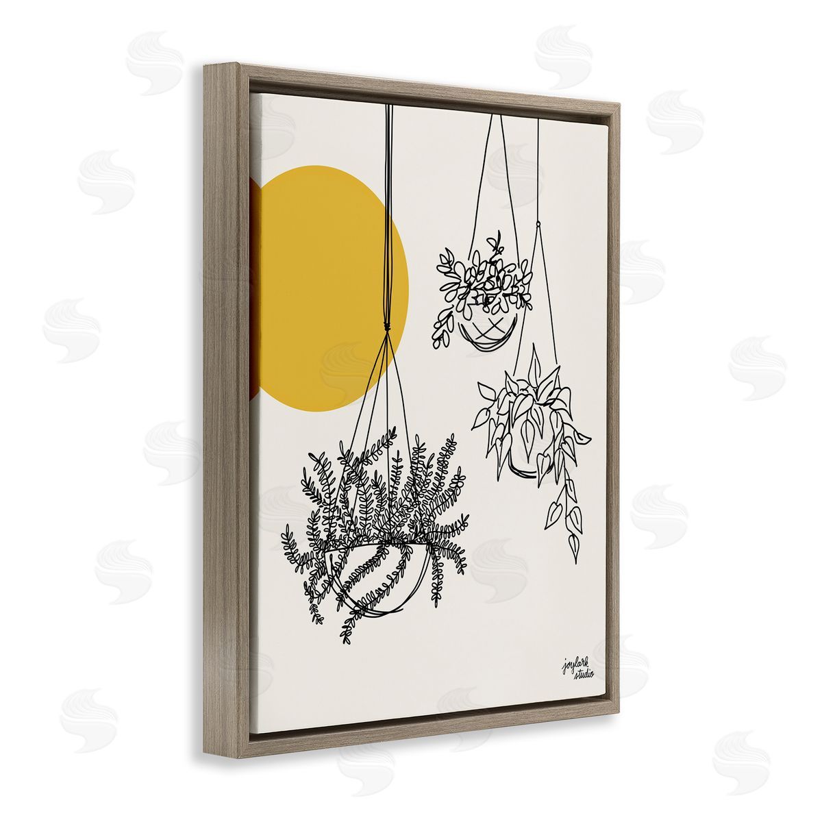 Jess Baskin Hanging Potted Plant Minimal Yellow Sun Lines  Brown Floating Frame Canvas Wall Art Print