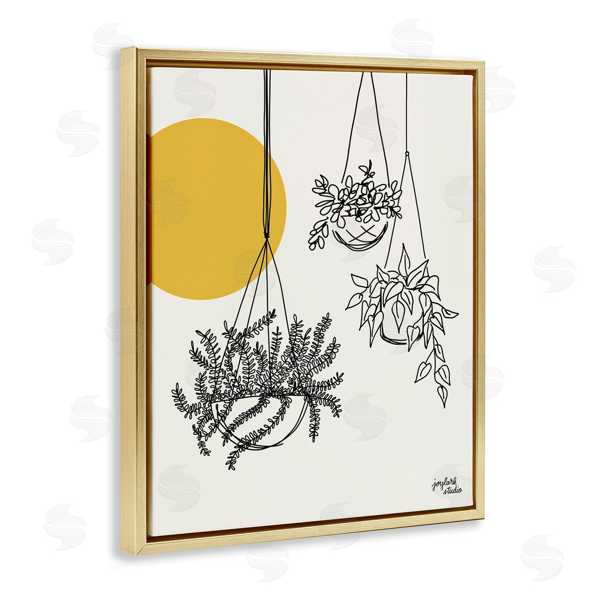 Jess Baskin Hanging Potted Plant Minimal Yellow Sun Lines  Gold Floating Frame Canvas Wall Art Print