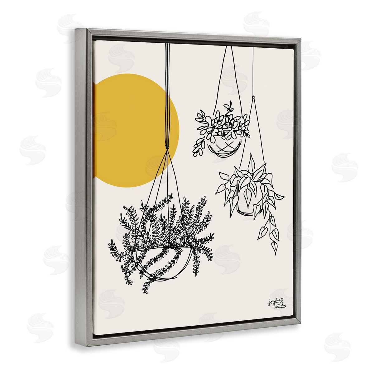Jess Baskin Hanging Potted Plant Minimal Yellow Sun Lines  Gray Floating Frame Canvas Wall Art Print
