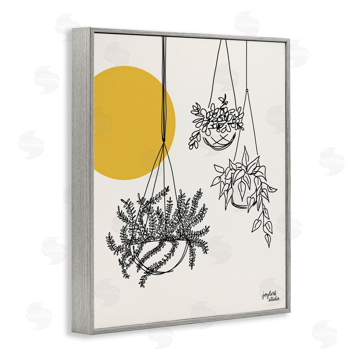 Jess Baskin Hanging Potted Plant Minimal Yellow Sun Lines  Gray Framed Giclee Wall Art Print