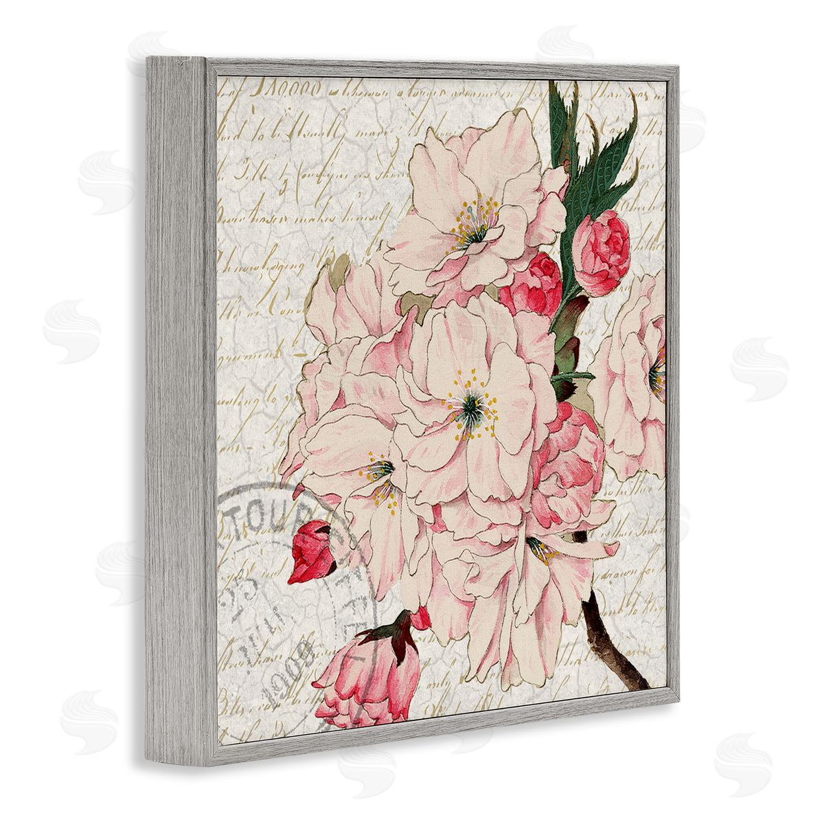 Kim Allen Vintage Pink Floral Arrangement Ornate Script Stamp Gray Framed Glicee Wall Art Print