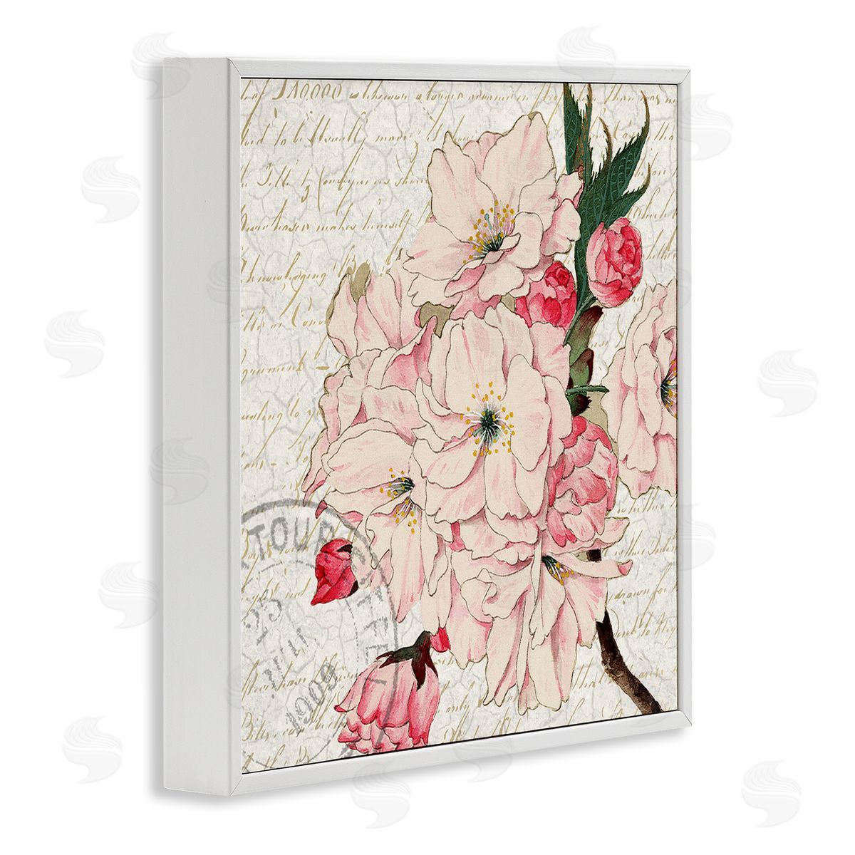 Kim Allen Vintage Pink Floral Arrangement Ornate Script Stamp White Framed Glicee Wall Art Print