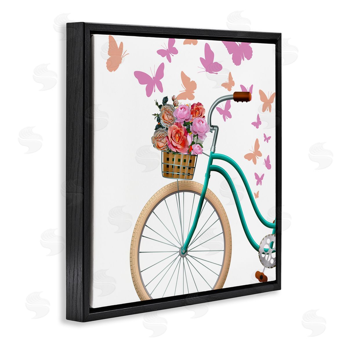 Kim Allen Summer Bicycle Flower Basket Pink Fluttering Butterflies Black Floating Frame Canvas Wall Art Print
