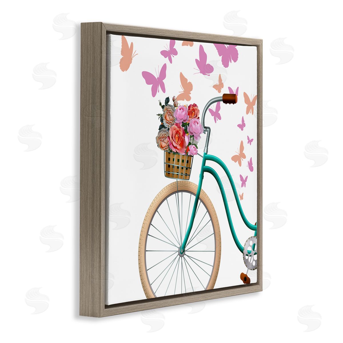 Kim Allen Summer Bicycle Flower Basket Pink Fluttering Butterflies Brown Floating Frame Canvas Wall Art Print