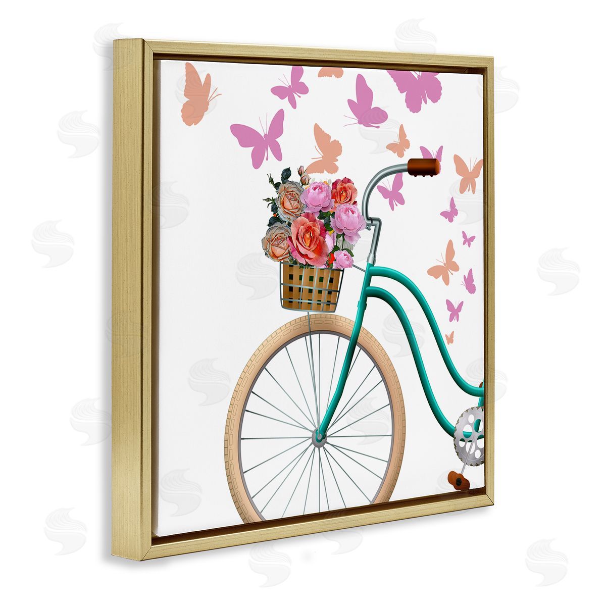 Kim Allen Summer Bicycle Flower Basket Pink Fluttering Butterflies Gold Floating Frame Canvas Wall Art Print