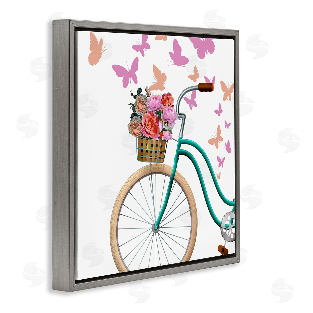 Kim Allen Summer Bicycle Flower Basket Pink Fluttering Butterflies Gray Floating Frame Canvas Wall Art Print