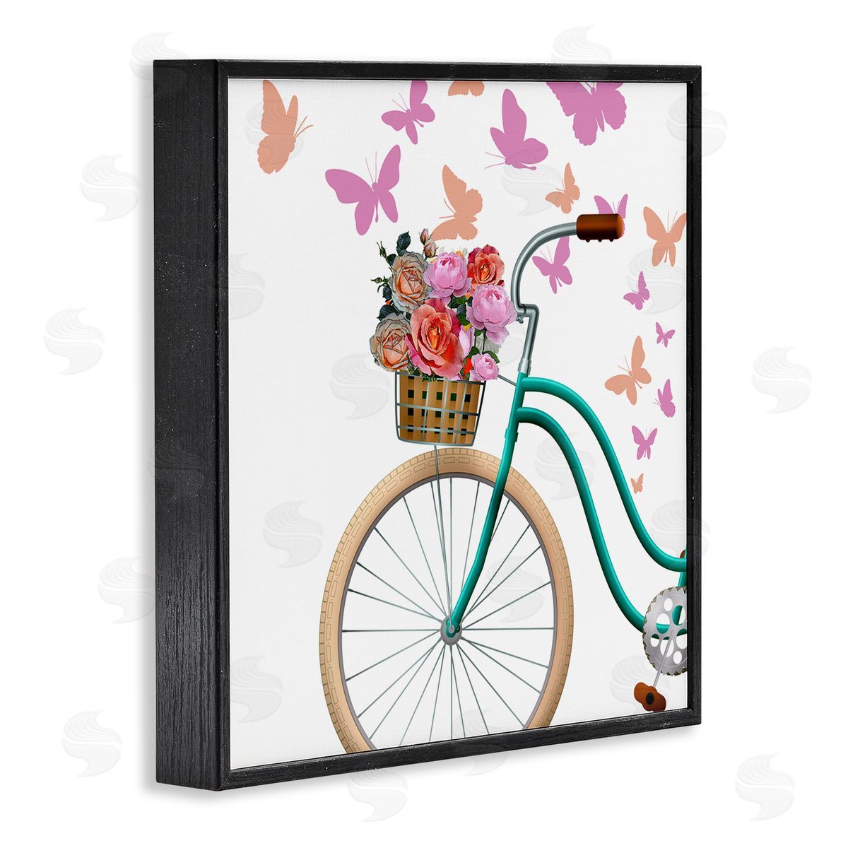 Kim Allen Summer Bicycle Flower Basket Pink Fluttering Butterflies Black Framed Glicee Wall Art Print