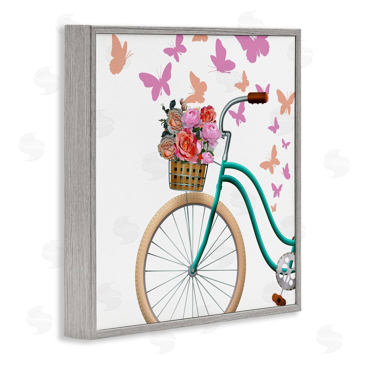 Kim Allen Summer Bicycle Flower Basket Pink Fluttering Butterflies Gray Framed Glicee Wall Art Print