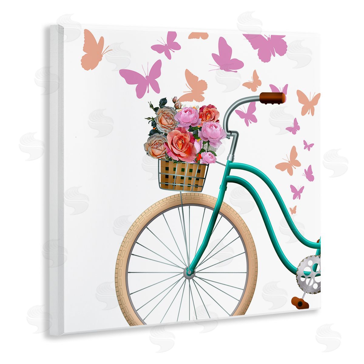 Kim Allen Summer Bicycle Flower Basket Pink Fluttering Butterflies Wooden Wall Plaque Art Print
