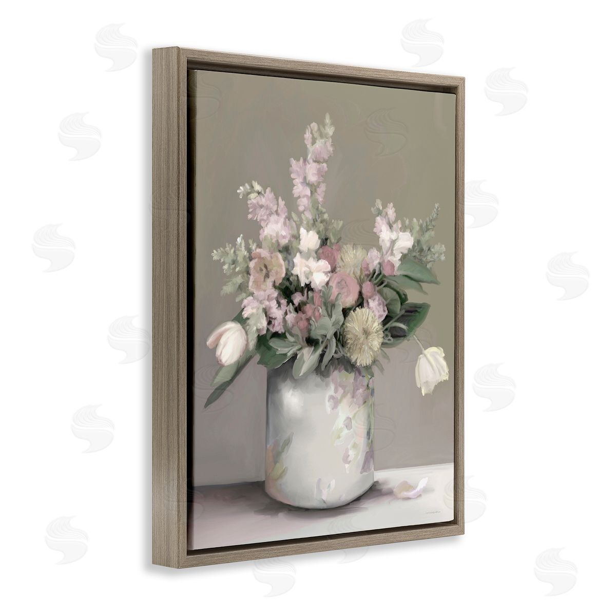 Kamdon Kreations Timeless Flower Bouquet Assorted Blossoms Patterned Vase Brown Floating Frame Canvas Wall Art Print