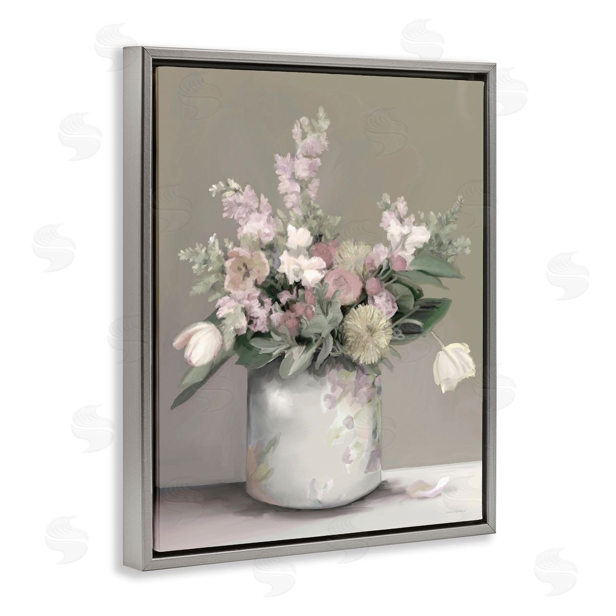 Kamdon Kreations Timeless Flower Bouquet Assorted Blossoms Patterned Vase Gray Floating Frame Canvas Wall Art Print