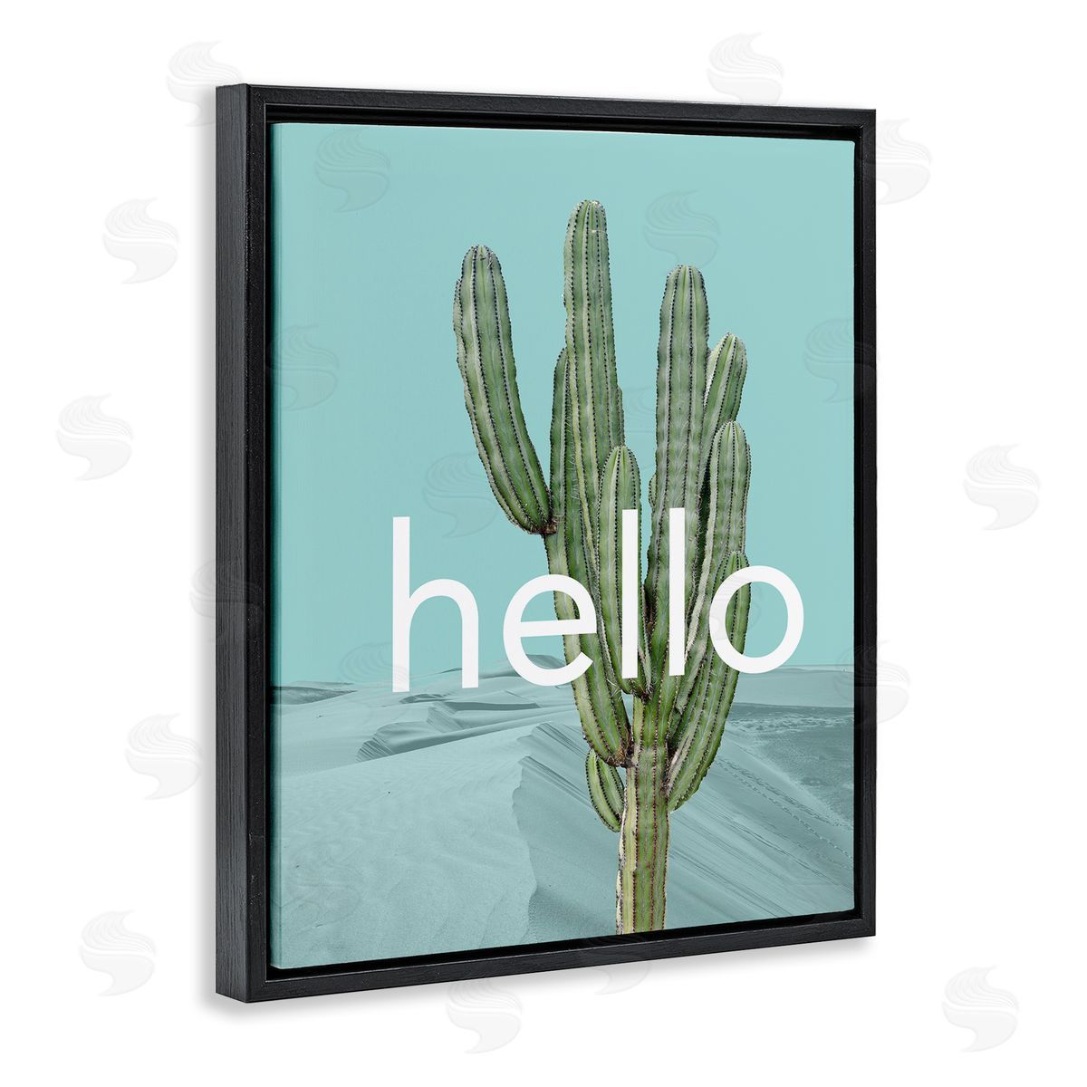J. Weiss Bold Hello Cactus Greeting Blue Desert Dunes Black Floating Frame Canvas Wall Art Print