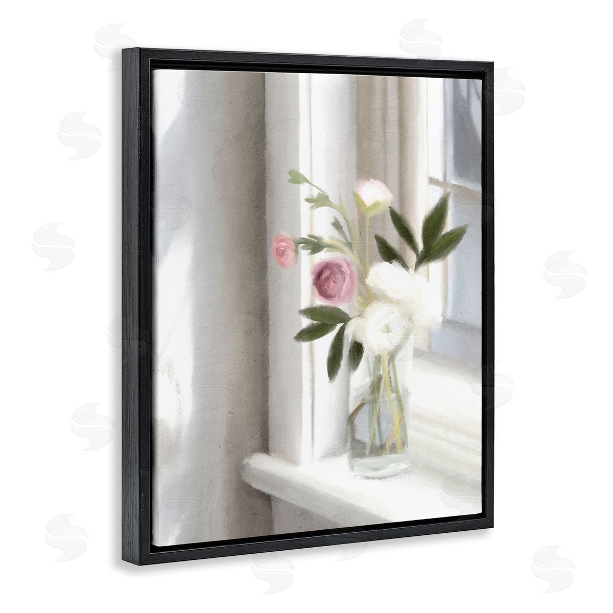 Leah Straatsma - NOT LICENSED YET Sunlit Flower Bouquet Blooming White Petals Windowsill  Black Floating Frame Canvas Wall Art Print
