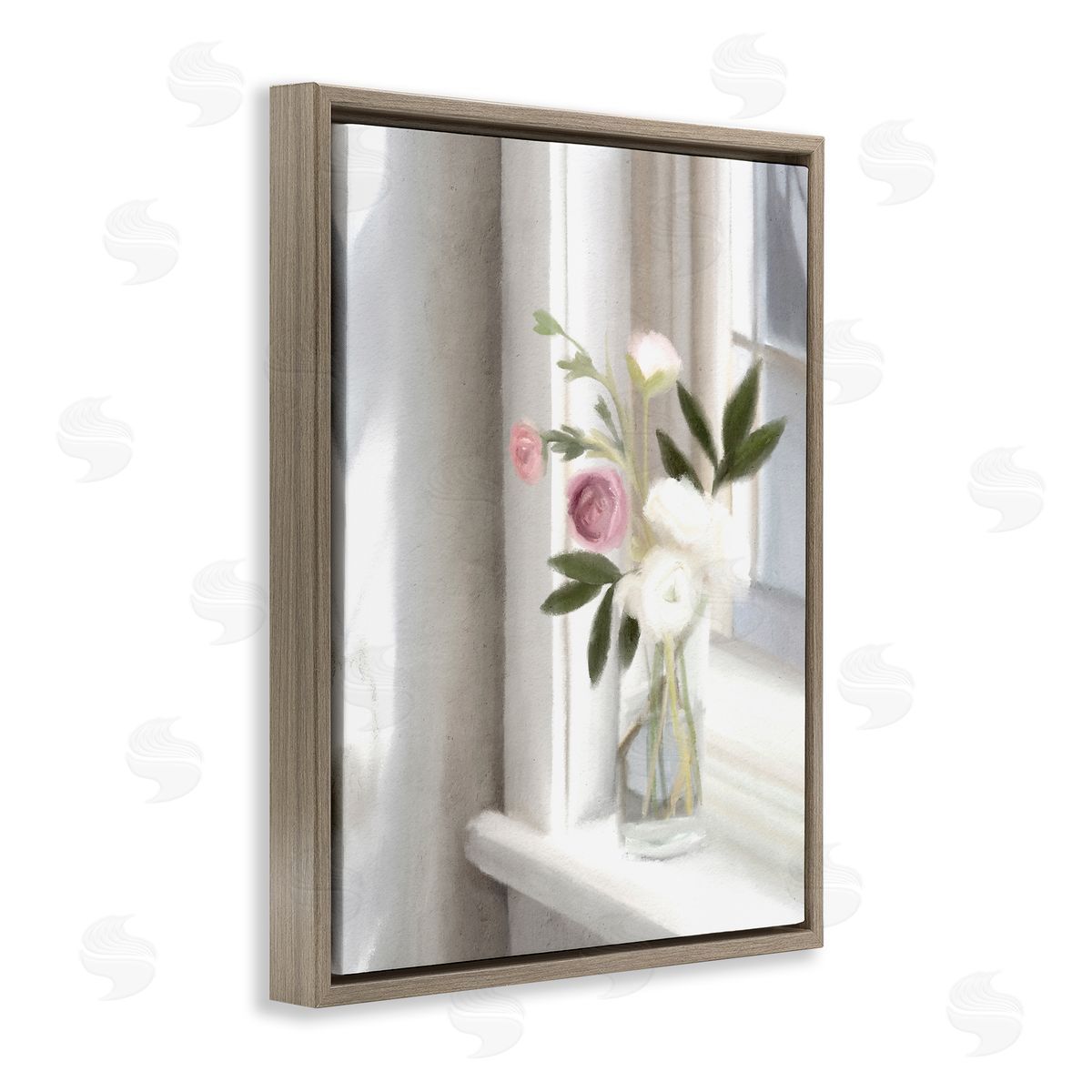 Leah Straatsma - NOT LICENSED YET Sunlit Flower Bouquet Blooming White Petals Windowsill  Brown Floating Frame Canvas Wall Art Print