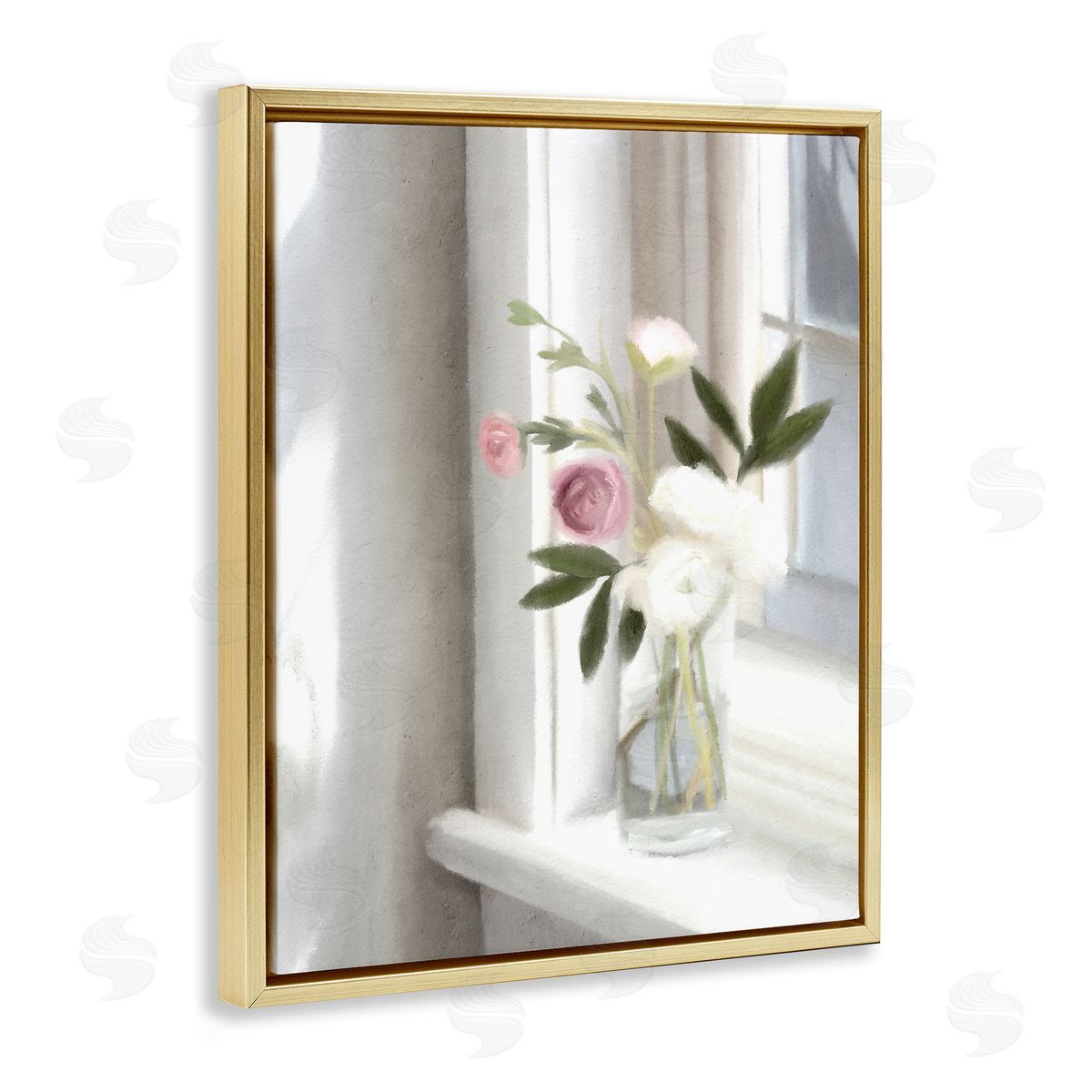 Leah Straatsma - NOT LICENSED YET Sunlit Flower Bouquet Blooming White Petals Windowsill  Gold Floating Frame Canvas Wall Art Print