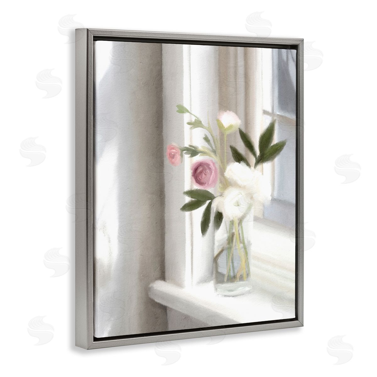 Leah Straatsma - NOT LICENSED YET Sunlit Flower Bouquet Blooming White Petals Windowsill  Gray Floating Frame Canvas Wall Art Print