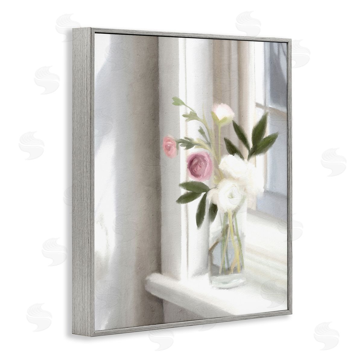 Leah Straatsma - NOT LICENSED YET Sunlit Flower Bouquet Blooming White Petals Windowsill  Gray Framed Giclee Wall Art Print