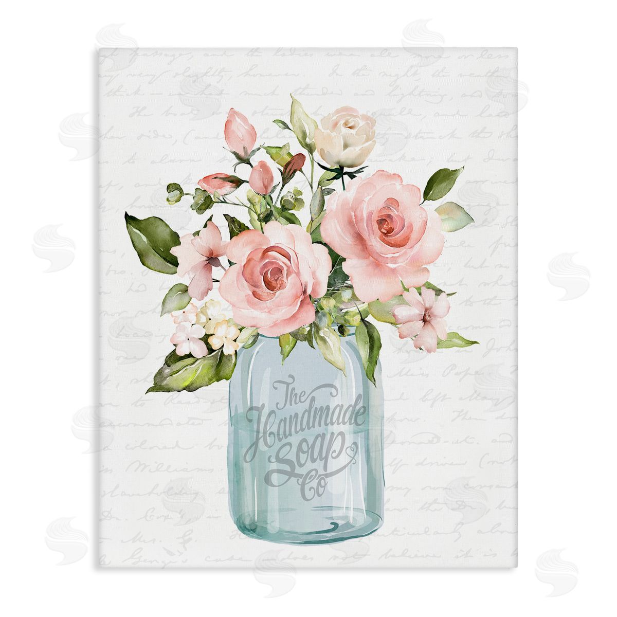 Lettered and Lined Pink Rose Blooms Country Vase Patterned Script  Stretched Canvas Wall Art Print