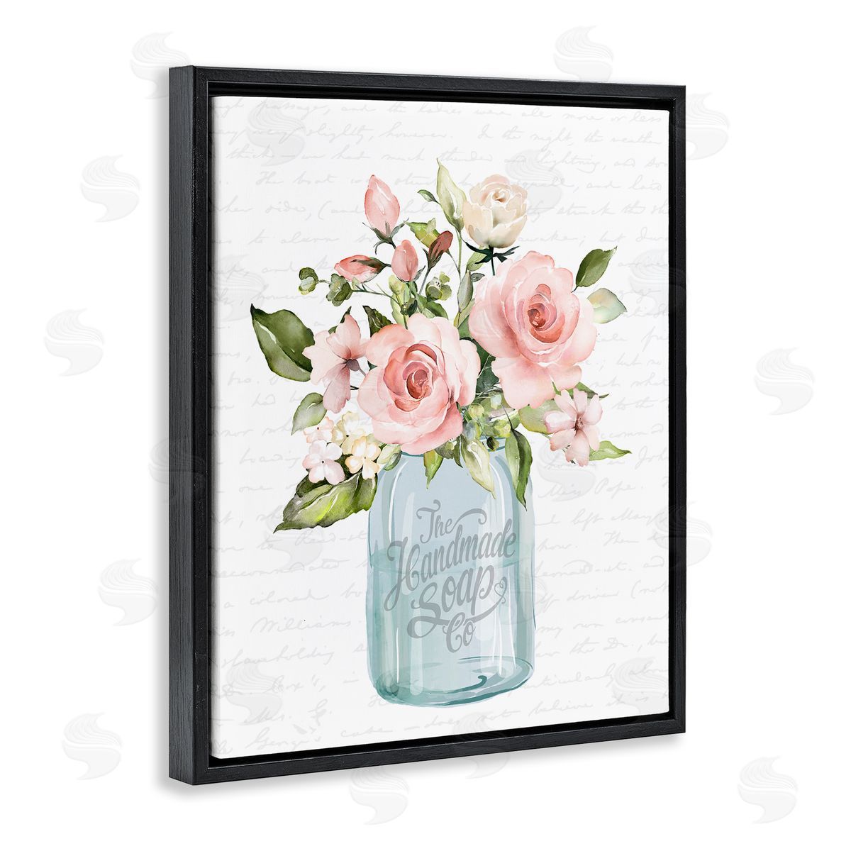Lettered and Lined Pink Rose Blooms Country Vase Patterned Script  Black Floating Frame Canvas Wall Art Print
